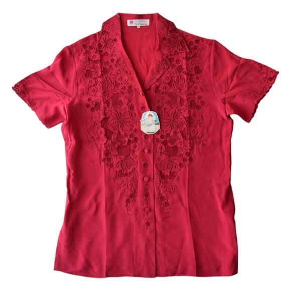 Red Floral Embroidered Silk Shirt | Vintage Button Up Top Size M - Picture 1 of 6